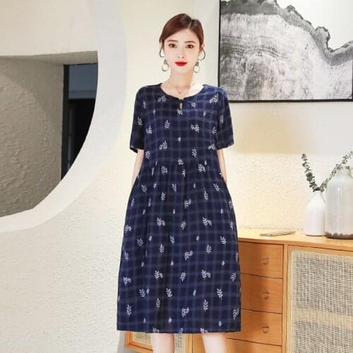 Women Casual Straight Long Dress 5XL Ladies New Stylish Plaid Floral Printed Round Neck Party Dress Oversize Female Vestidos
