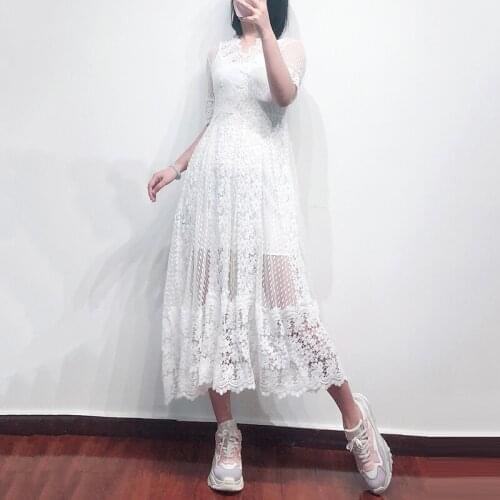 Patads French fashion slim fitting short sleeve lace fairy long skirt spring and summer splicing dress e19revanti