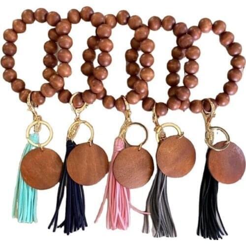100pcs Newest Wristlet Bangle Wooden Wood bead keychain bracelet Keychain with Tassel#71