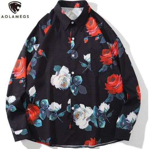 Aolamegs Shirt Men Rose Flower Full Print Shirts Japanese Vintage Fashion Oversize Tops All-match High Quality Couple Streetwear