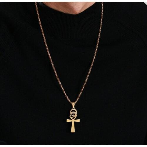 Egypt Anka Cross with CZ Stone Eye of Horus Pendant Necklace Stainless Steel Gold & Silver Color Black Dainty Male Jewelry