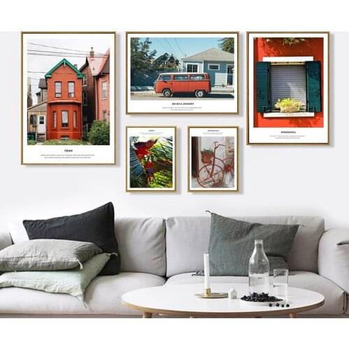 Town Landscape Orange House Bicycle Parrot Bird Bus Canvas Painting Sofa Background Wall Picture Poster Living Room Decoration