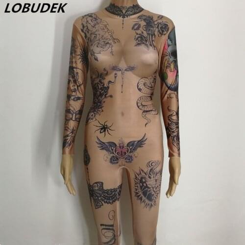 Novelty Printing Female Jumpsuit Occident Bar Nightclub DJ Singer Jazz Pole dancing Costumes sexy stage Stretch Leotard jumpsuit