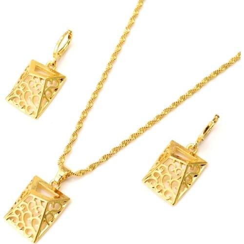 Gold dubai square geometry pendant Earrings necklace Bridal Jewelry Sets for Women girls wedding Christmas party mothergift