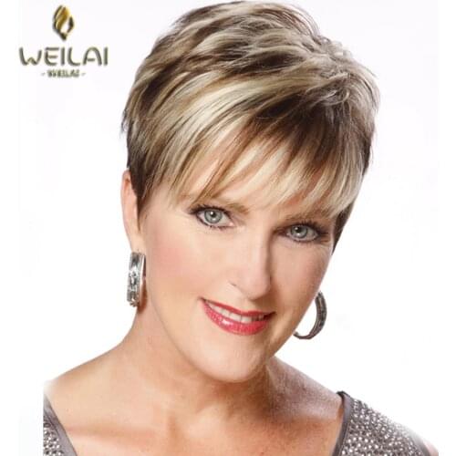 WEILAI Ombre Brown Blonde Synthetic Wigs Short Straight Hair For Black Women Layer Puffy Wigs Heat Resistant Fiber