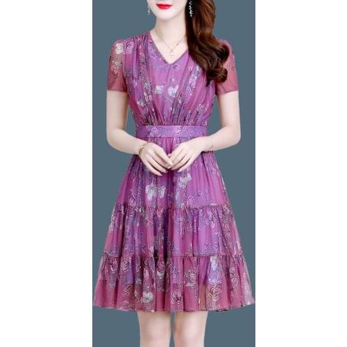 Summer Christmas Dresses Women Vintage Elegant Party Dress Short Sleeve Mesh Slim Casual Print Plus Size S~4XL 4660