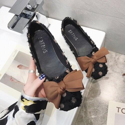 2020 New Ladies Flat Shoes Cute Dots Fashion Women Casual Shoes Lady Bow Basic Slip-On Square Toe Black White Women Shoes W33-55