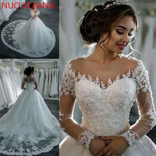 Vestidos De Noiva 2020 New Elegant A Line Long Sleeve Wedding Dress Tulle Appliques Beaded Princess Lace Wedding Gowns plus size