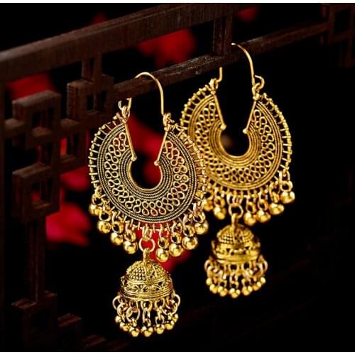 OIQUEI 2019 Womens Bohemian Antique Ethnic Gold Round Hollow Big Bells Drop Indian-jhumka Earrings Handmade Egypt Gypsy Jewelry