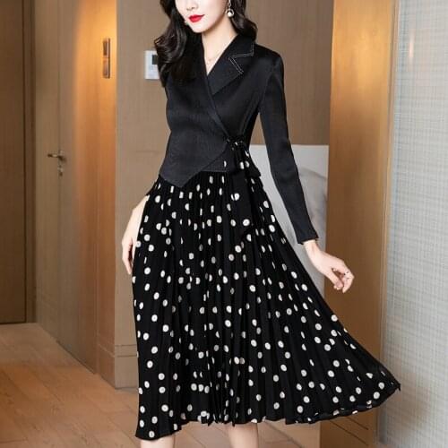 Likyims Early Sping Print Polka Dot Dress Black Fake Two Piece Polo Neck Patchwork Lace Up Office Lady Elegant Red Chiffon Dress