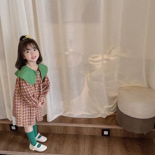 Dress Turn Down Collar Plaid Full Sleeve Pleat Knee-length Regular Cotton New Fashion Cute Spring Autumn Kids Clothes for Girls