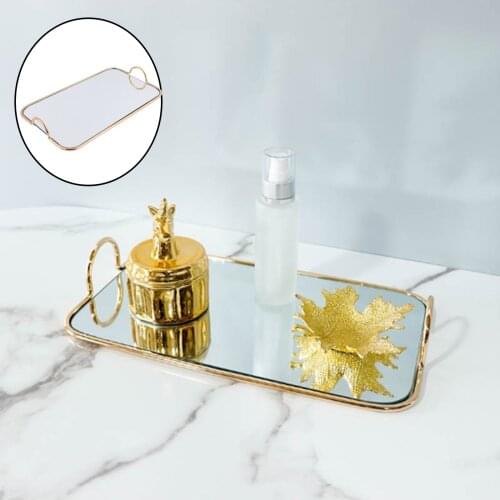 Retro Style Rectangular Mirrored Tray w/Handles Makeup Perfume Organizer Vanity Trays for Bathroom Dressing Table