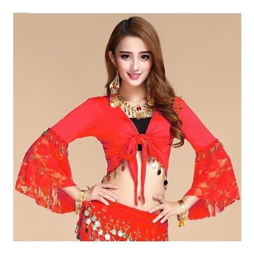 New Belly dance top Lace belly dance Flared Sleeve Cut out bandage top Oriental dance training top Indian dance Clothes costumes