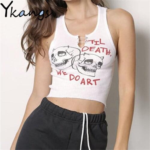 Cool Skull Crossbones Printing Gothic Dark Style Sleeveless Top Summer T-Shirt White Exposed Navel Bodycon Women Sexy Streetwear