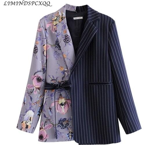 Vintage Stylish Striped Patchwork Office Lady Blazers Coat Women 2020 Notched Collar Long Sleeve Chic Blazer Outerwear Feminino