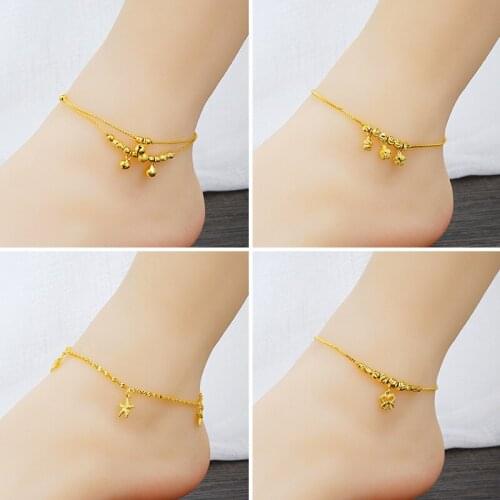 Vietnam Shajin fashion anklet 24k gold bell double layer turn & beaded foot jewelry anklets for women wholesale