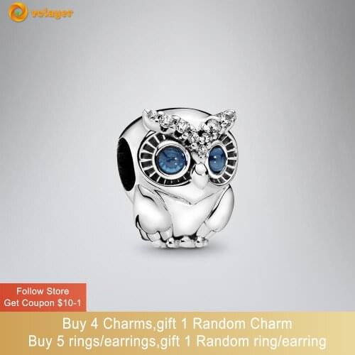 Volayer 925 Sterling Silver Beads Cute Sparkling Owl Charms fit Original Pandora Bracelets for Women Jewelry Making Gift
