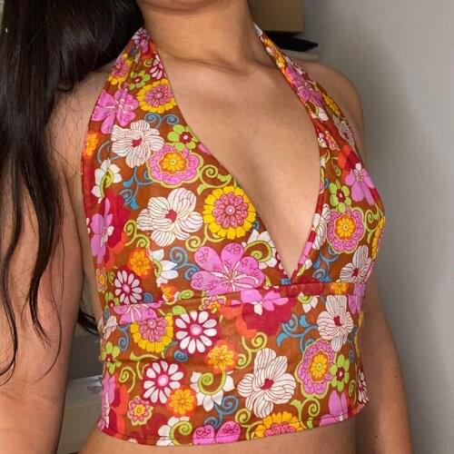 Women Sexy Backless Sleeveless Halter Tank Tops Summer Female V-Neck Floral Printed Pattern Camisole Crop Tops Vest