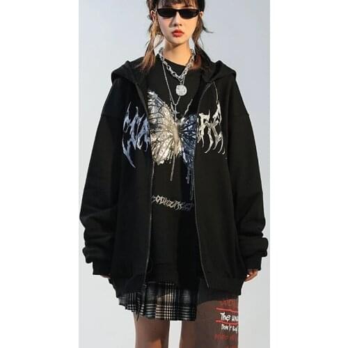 Women Streetwear Hoodies Zip Up Sweatshirts Jacket Butterfly Print Coat Goth Harajuku Y2K Aesthetic Clothes Grunge Punk E-Girl