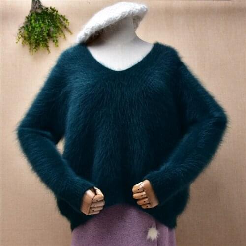 Female women winter clothing hairy plush mink cashmere knitted v-neck loose pullover angora fur short copped sweater pull tops