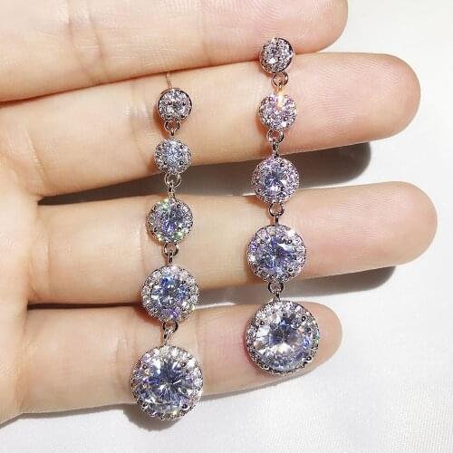 High Quality White Gold Color Micro Pave CZ Zirconia Stone Long Round Drop Earrings For Women silver colour