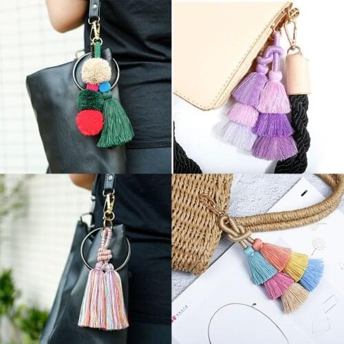 Ybollar Women Handmade Tassels Bag Pendant Accessories Pompom Keychain Key Holder Boho Jewelry Gift