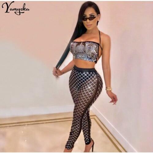 Sexy Sparkling diamond Mesh See Through Summer bodysuit women bodycon Black bandage sequin jumpsuit Night club Party overalls