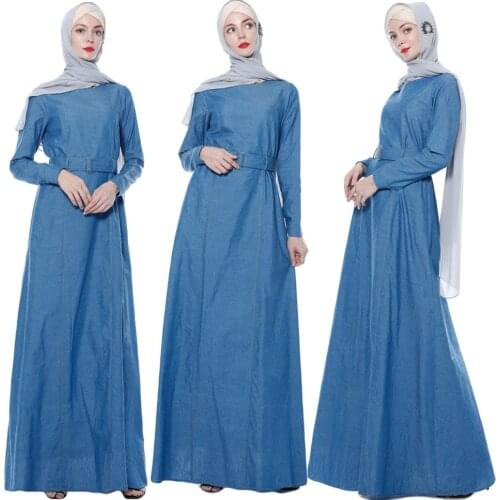 Autumn Muslim Women Denim Abaya Long Maxi Dress Robes Islamic Dubai Slim Kaftan Blue Gown Dress With Belt Long Sleeve Dresses