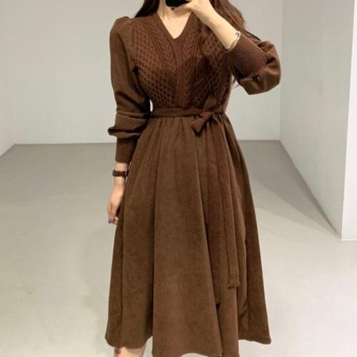 One-Piece Korean Fashion Knitted Sweater Dress Female 2021 Fall/Winter Vintage V-Neck Stitching A-Line Keep Warm Sweater Dresses