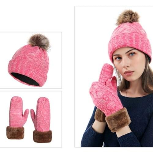 2 Pieces Women Winter Cable Knit Beanie Hat with Full Finger Gloves Mittens Set Thicken Thermal Plush Lined Pompom Skull Cap Ear