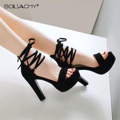 2021 Summer New Platform Sandals Women Shoes Lace-Up Thick Heels Ladies Sandalias High Heels Suede Fashion Solid Pumps Size32-43