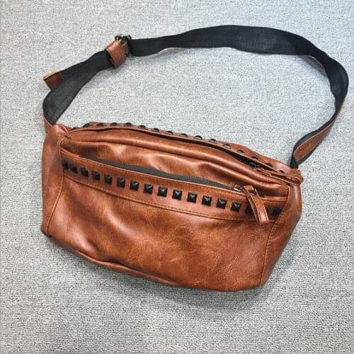 ANAWISHARE Men Waist Bags Rivet Leather Chest Bags Fanny Pack Mens Belt Bag Chest Pack Bum Bag Male Portable Belt Pouch