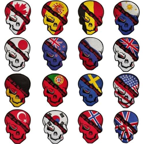 Belgium Russia Spain Flag Tactical Skull Badge Fight for the Freedom Warrior Embroidery Velcro Patches Outdoor Backpack Stickers