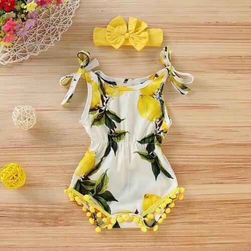 PatPat Baby Girl Lemon Allover Sleeveless Romper and Headband