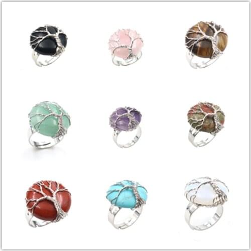 FYJS Unique White K Wire Wrap Tree of Life Round Green Aventurine Resizable Ring Black Agates Jewelry