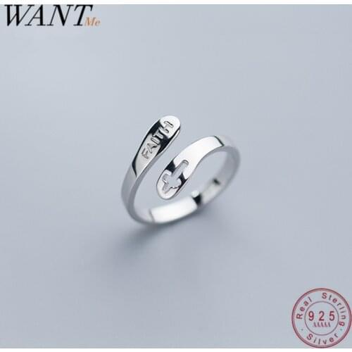 WANTME Real 100% 925 Sterling Silver Jewelry High Quality Ethnic Vintage Faith Letter Cross Opening Adjustable Rings for Women