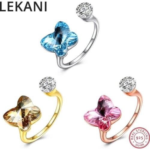 LEKANI Crystals From Swarovski Butterfly Open Rings Resizable Real S925 Silver Fine Finger Accessories For Women Wedding Gifts