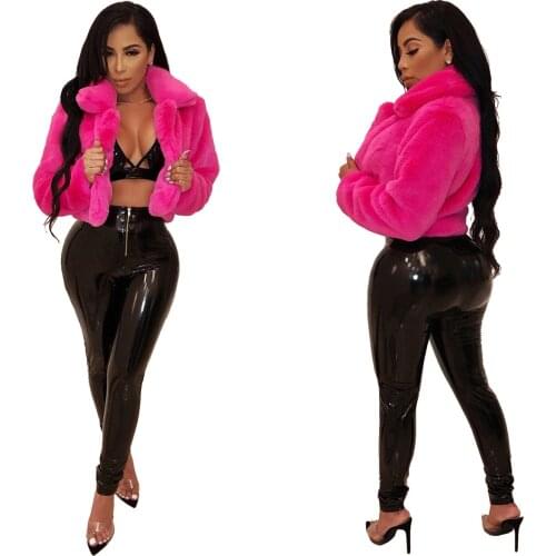 Fashion Rose Red Short Faux Fur Coat Winter Neon Fluorescent Warm Cardigan Cropped Jacket Fluffy Teddy Coats