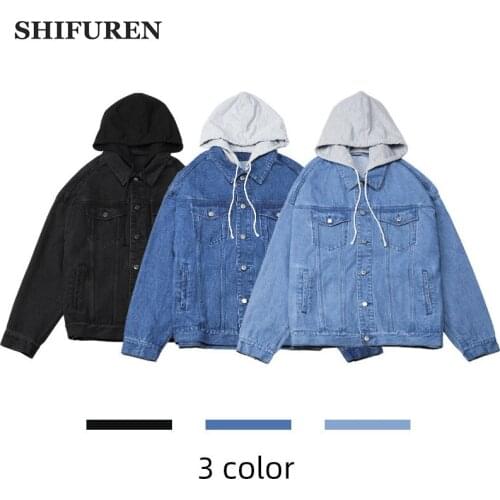 SHIFUREN Mens Denim Jacket Hat Detachable Male Cowboy Outwear Clothing Long Sleeve Casual Jaqueta masculina Plus Size S-XXXL