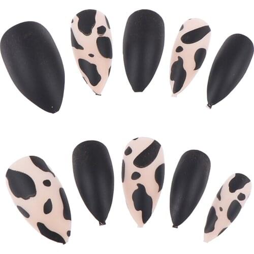 Fashion 24PCS/Box Full Cover Leopard False Nail Tips Stiletto Black Matte Fake Nails With Glue Girls Women Nails Art Decor