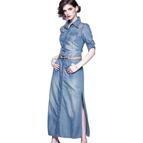 New Women Denim Long Dress Summer 2021 Elegant Fashion Turn-down Collar Button Pocket Slim Tencel Denim Dress