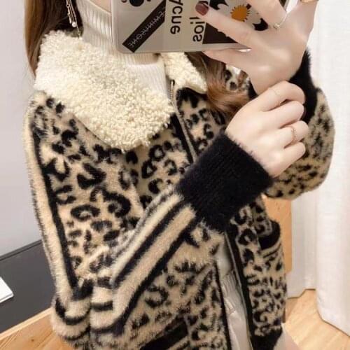 Autumn and Winter New Waterproof Mink Velvet Leopard Print Fashion All-match Short Jacket Women Loose Thick Knitted Cardigan