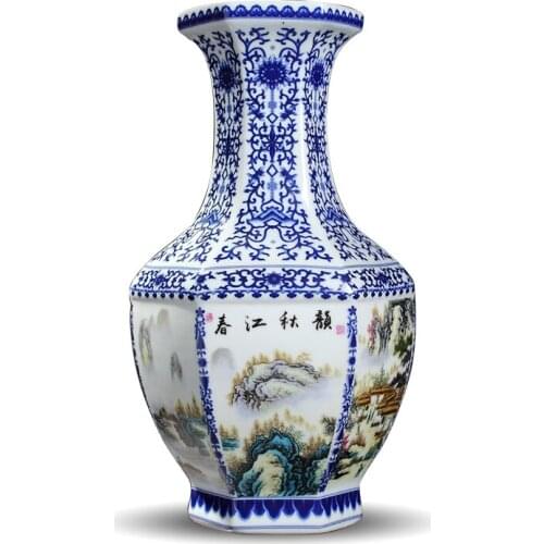 Qing Qianlong Antique Ceramic Vase Blue and White Hexagon Vase With Flower Antique Porcelain Ancient Porcelain Collection