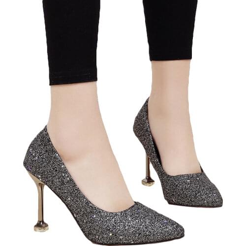 PUMPS solid color womens high heels, pointed stiletto casual single shoes women, shallow mouth frosted sequins high heels
