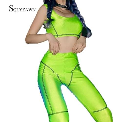 Sexy Fitness Womens Joggers Suit Sets Neon Crop Top and Pants Sweatsuit Pink Green Orange Matching Outfit Sport Uniform Costume