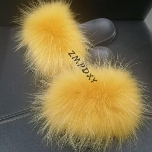 Ladies Real Fluffy Raccoon Fur Slipper Kids/Childrens Real Fox Fur Slides Cute Plush Rainbow Furry Sandals Womens Home Shoes