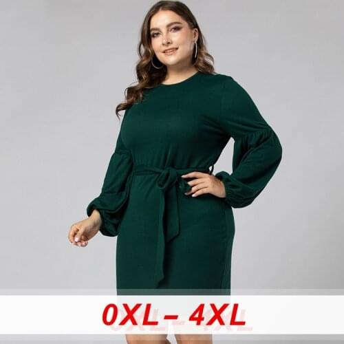 Dark Green Dresses Women O Neck Lantern Sleeve Plus Size Solid Color Pencil Large Size Dress Women Vintage Sashes Big Size Dress