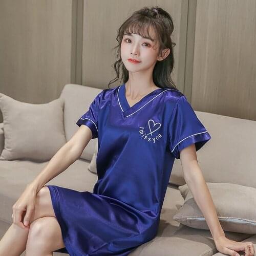 Sexy Women Satin Sleepwear Silky Nightgown Half Sleeve Embroidery Nightdress Sexy Lingerie Plus Size S M L XL XXL Female Nightie