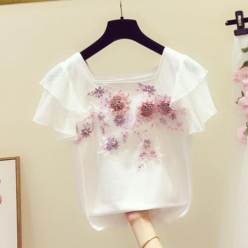Sweet Beaded Flower Embroidery Women Blouse 2021 Summer New Ruffles Square Collar Slim Lady Elegant Pulls Tops Tees Top Quality