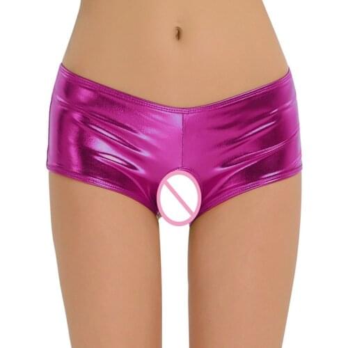 Plus Size Women Mini Shorts Lingerie PU Leather Crotchless Thong G-string Exotic Panties PVC Shiny Nightclub Latex Shorts 2XL